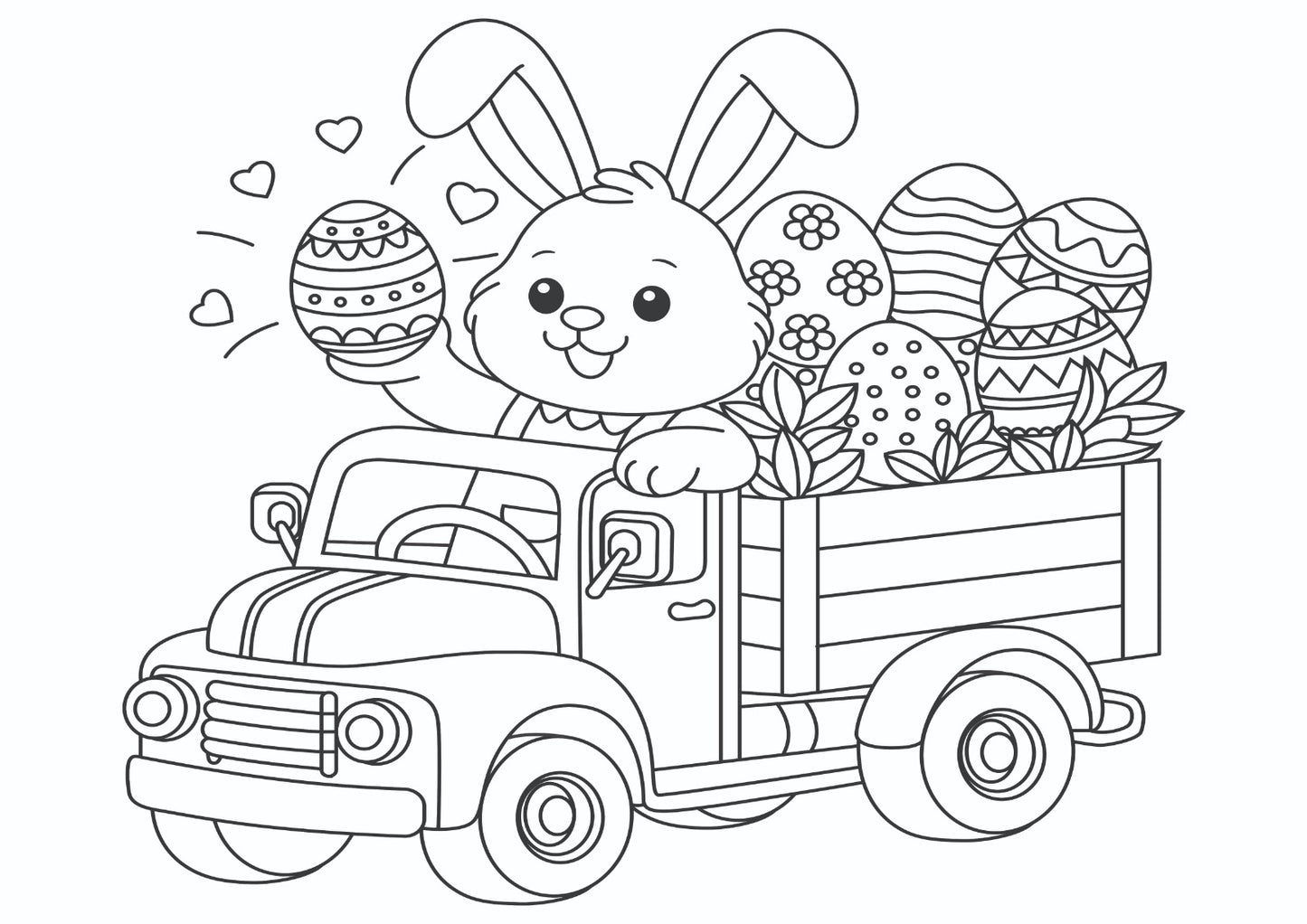 Yana da wani bunny mai farin ciki yana tuƙi motar girki mai cike da ƙwan Ista.