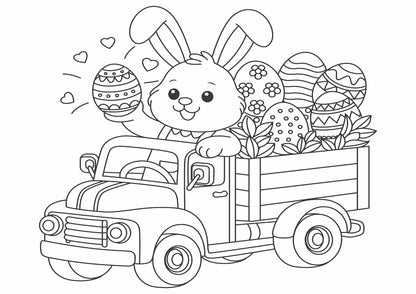Yana da wani bunny mai farin ciki yana tuƙi motar girki mai cike da ƙwan Ista.